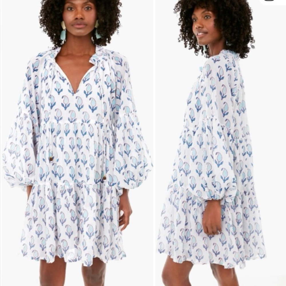 Oliphant Tulip Print Blue Balloon Sleeve Mini Dress Size Small